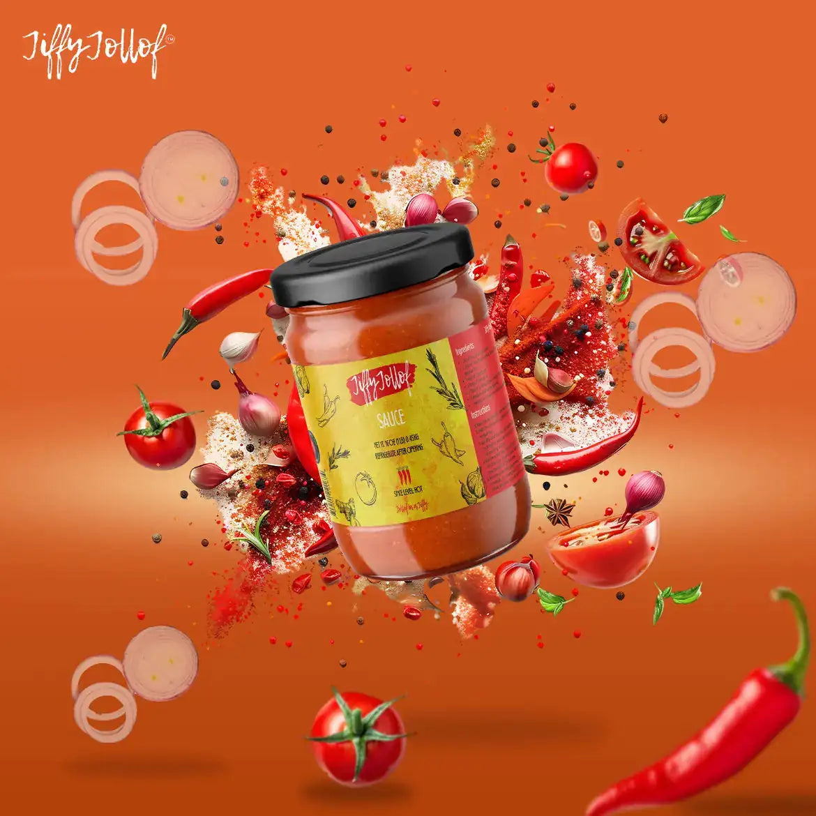 Jar of Jiffy Jollof sauce with ingredients on an orange background